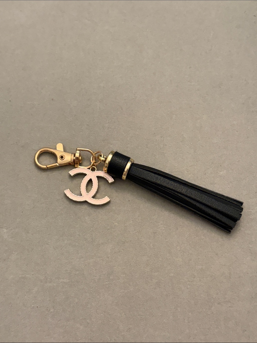 Black Leather Tassel Key & Card Holder Charm with Gold and Pink/Neutral Tone
